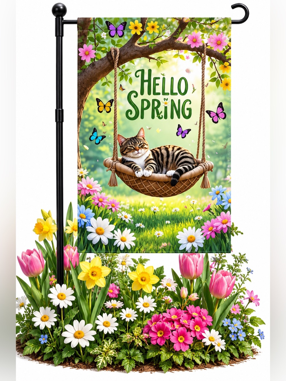 Garden flag, cat on a swing, roulette polyester, double sided, 12” x 18”